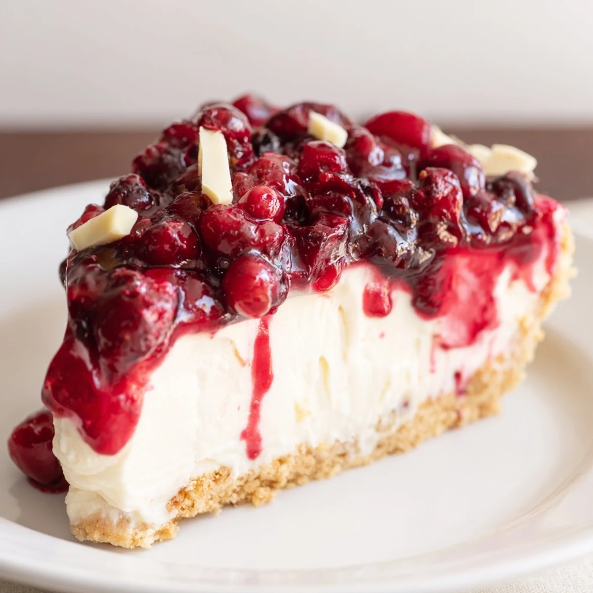 Slice of No Bake Cranberry White Chocolate Cheesecake on plate, creamy texture