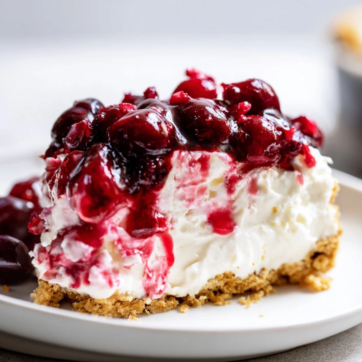 No Bake Cranberry White Chocolate Cheesecake with buttery graham crust and white chocolate shavings