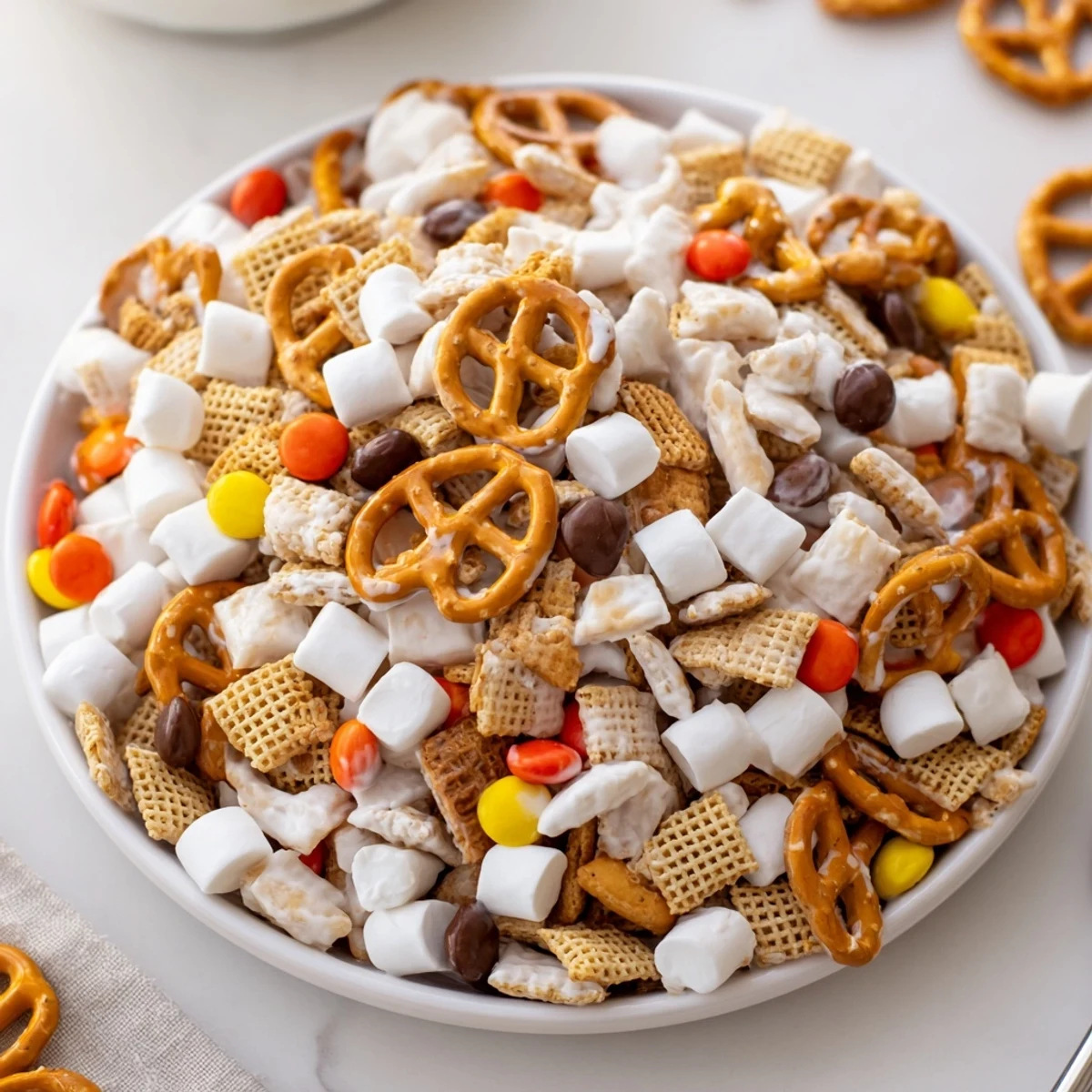 White Trash Snack Mix glistening with white chocolate, crunchy, sweet-salty party treat