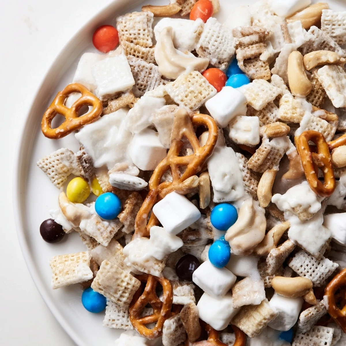 Bowl of White Trash Snack Mix showing cereal, pretzels, peanuts, colorful candies