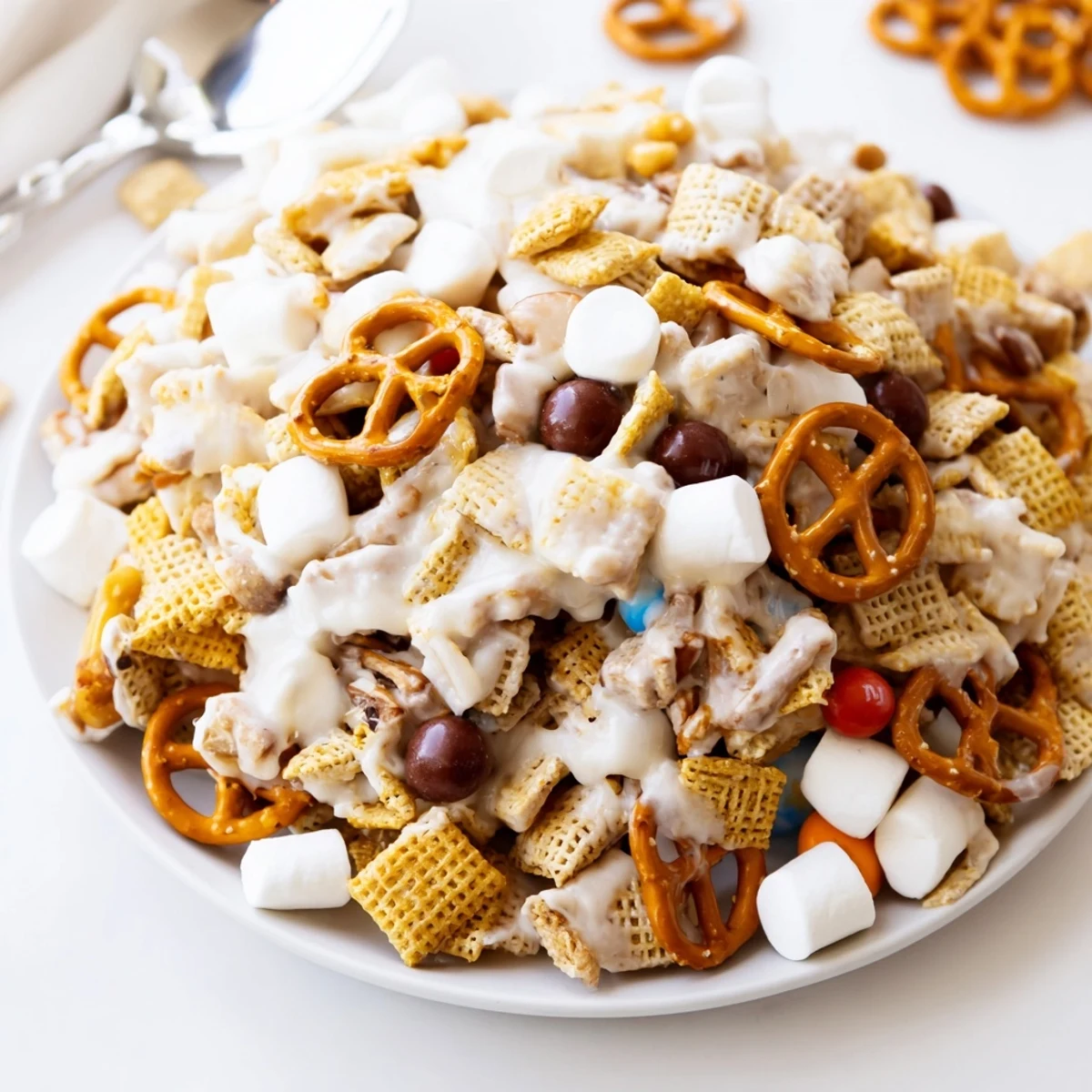 Warmly coated White Trash Snack Mix cooling on parchment, ready to break