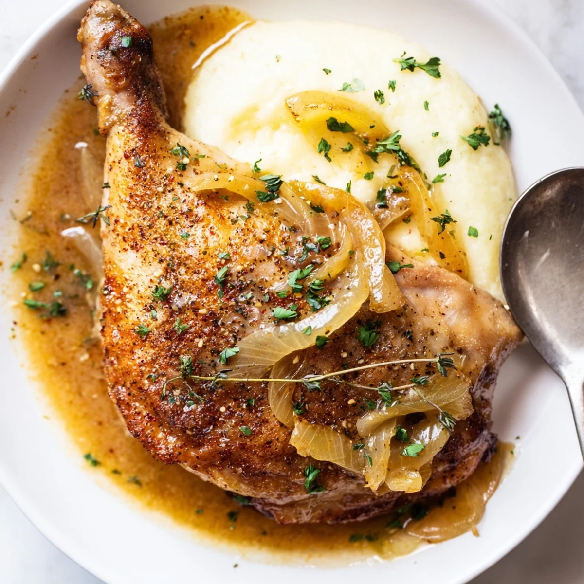 Savory Smothered Chicken Thighs In Rich Gravy Recipe served over creamy mashed potatoes