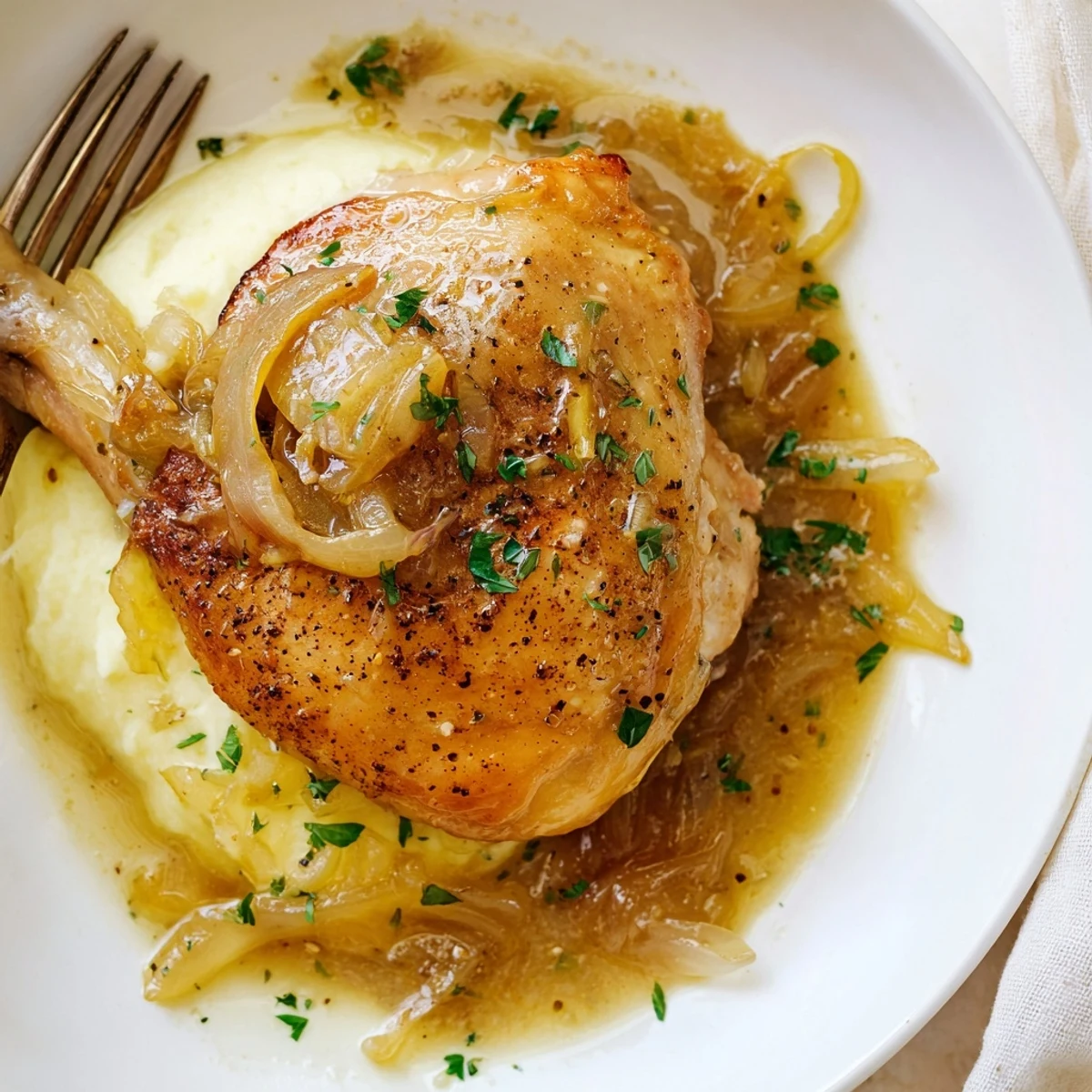 Golden-skinned Savory Smothered Chicken Thighs In Rich Gravy Recipe simmered until tender