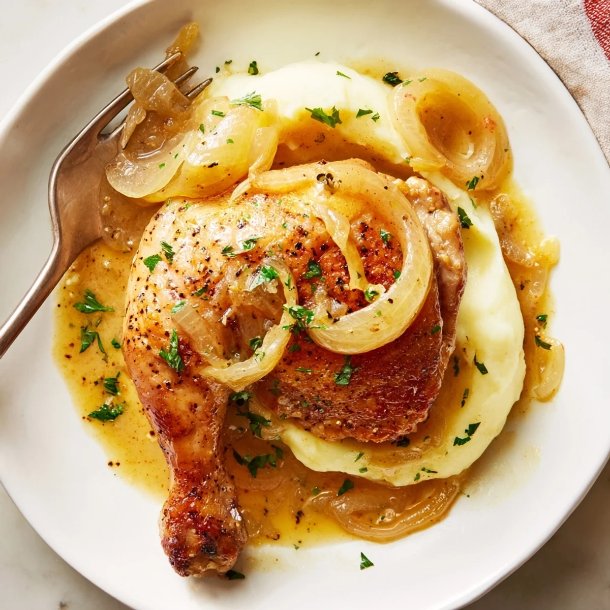 Perfect weeknight Savory Smothered Chicken Thighs In Rich Gravy Recipe with caramelized onions