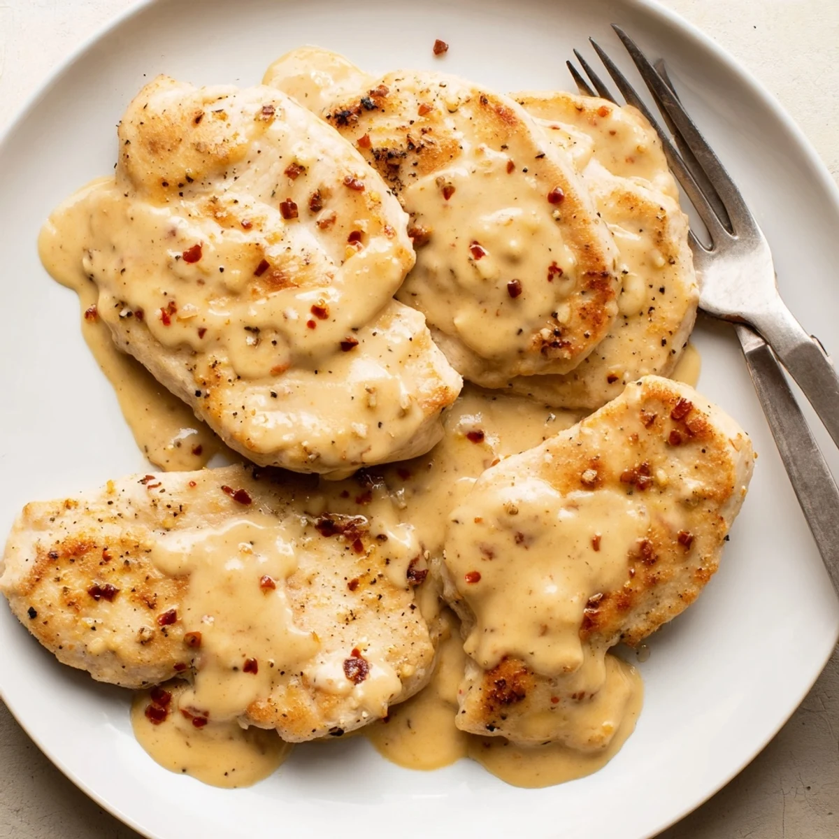 Golden seared Chicken With Cheese Sauce draped in silky melted cheddar, steaming