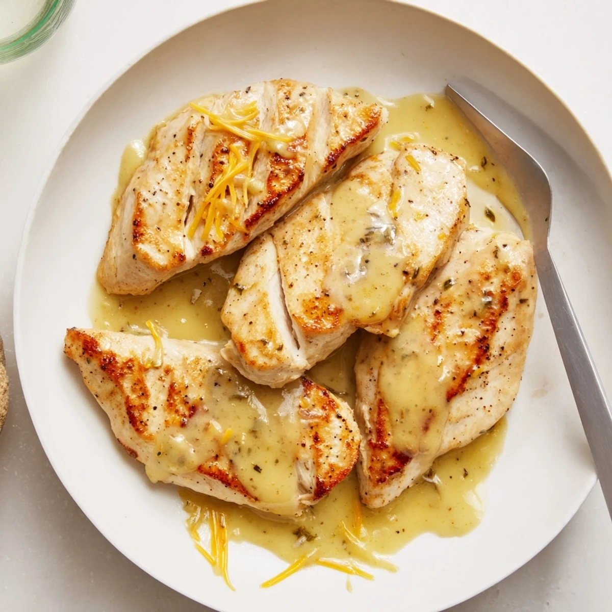 Oven baked Chicken With Cheese Sauce spooned hot over mashed potatoes, aromatic