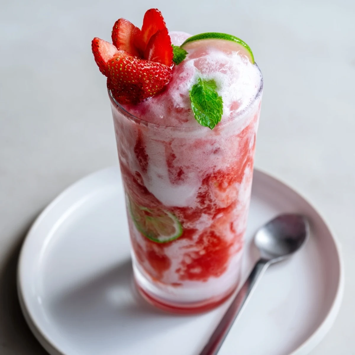 Bright, creamy Strawberry Coconut Cooler Recipe blended with ice, garnished with strawberry slice.