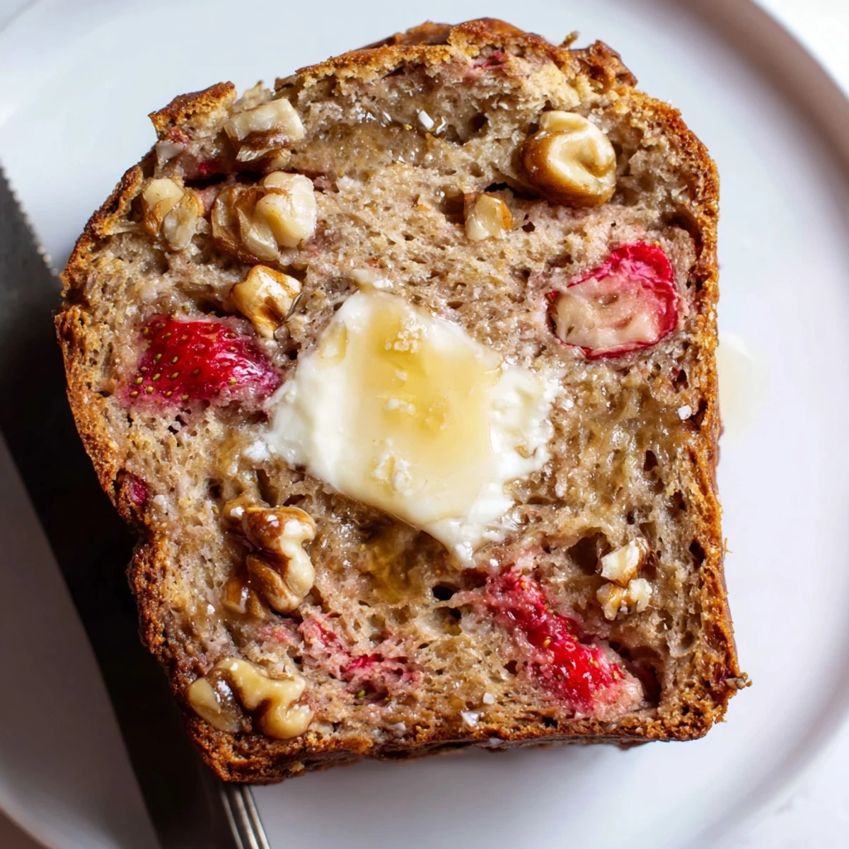Warm Strawberry Banana Bread Recipe cooling on rack, steamy slices with butter