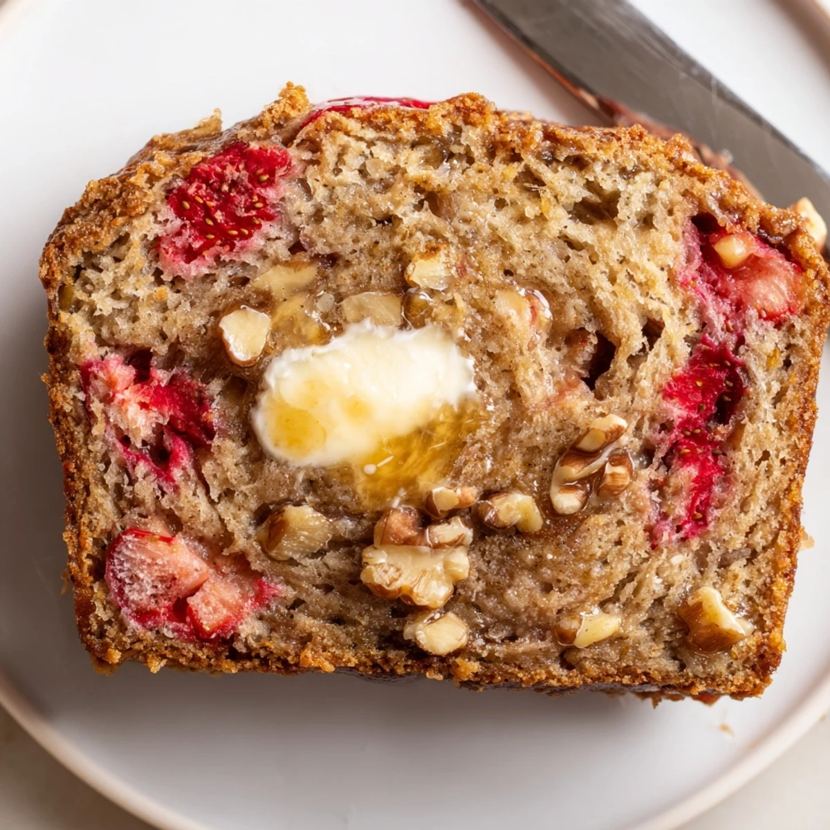 Golden crusted Strawberry Banana Bread Recipe served warm with honey drizzle and nuts