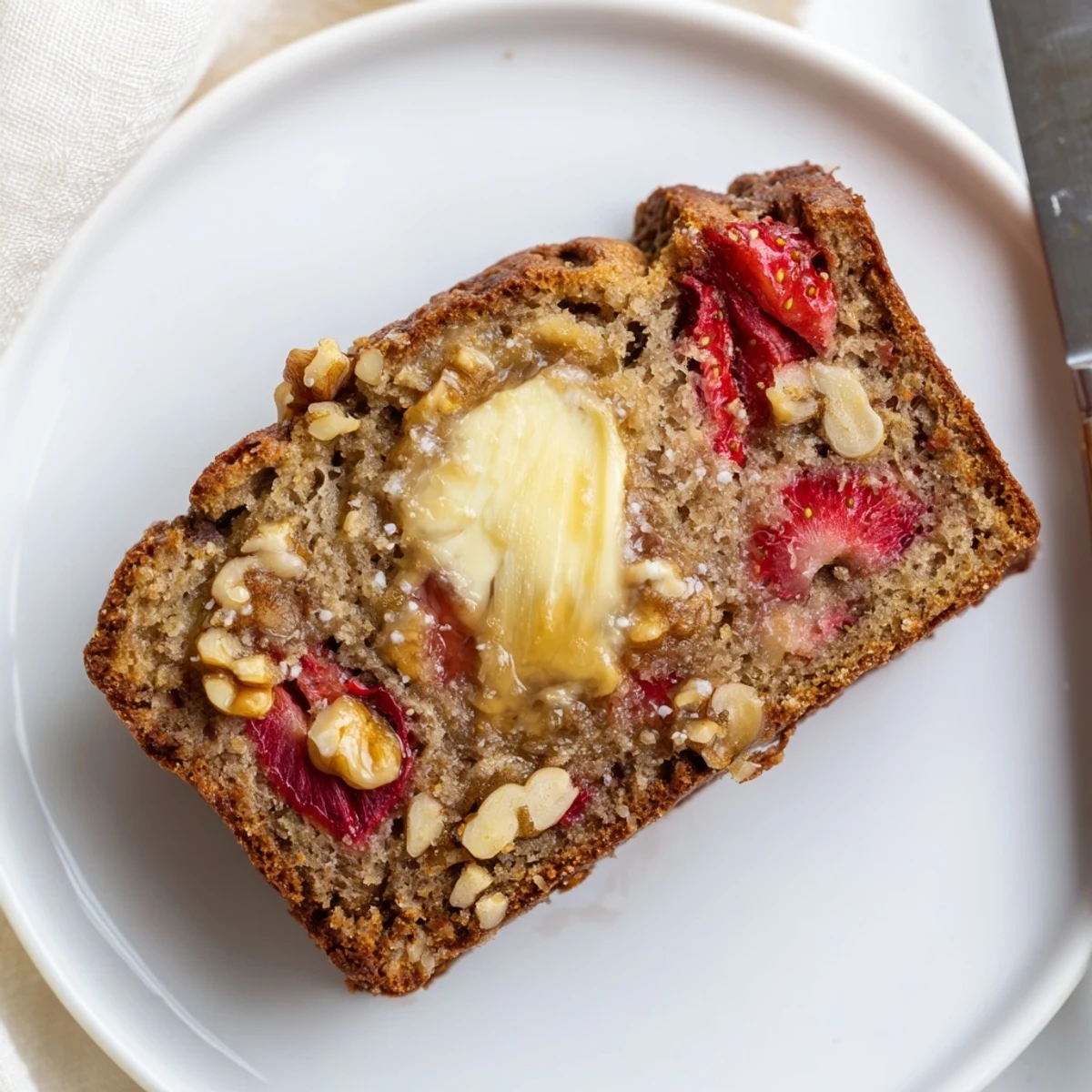 Moist Strawberry Banana Bread Recipe loaf sliced, berries peeking, perfect breakfast