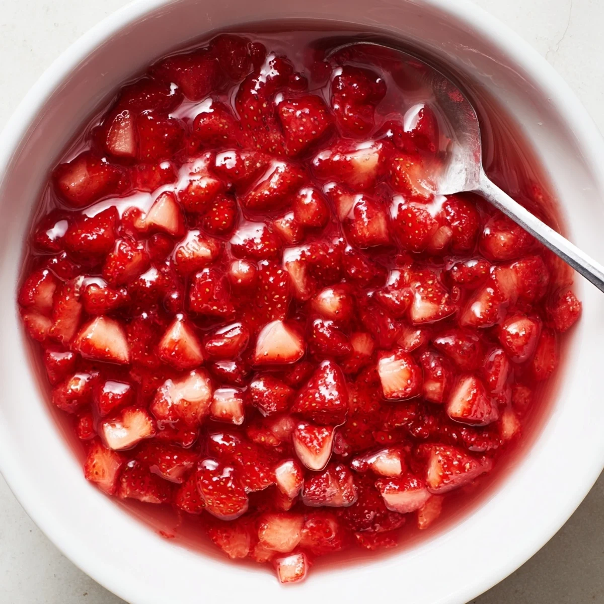 Warm spoonful of Strawberry Cake Filling Recipe on vanilla cupcake, bright strawberry notes