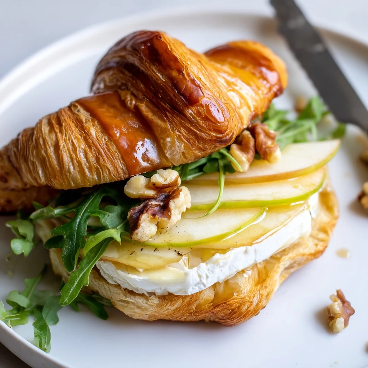 Fresh Apple Goat Cheese Croissant Sandwich served open faced on a bright brunch plate.