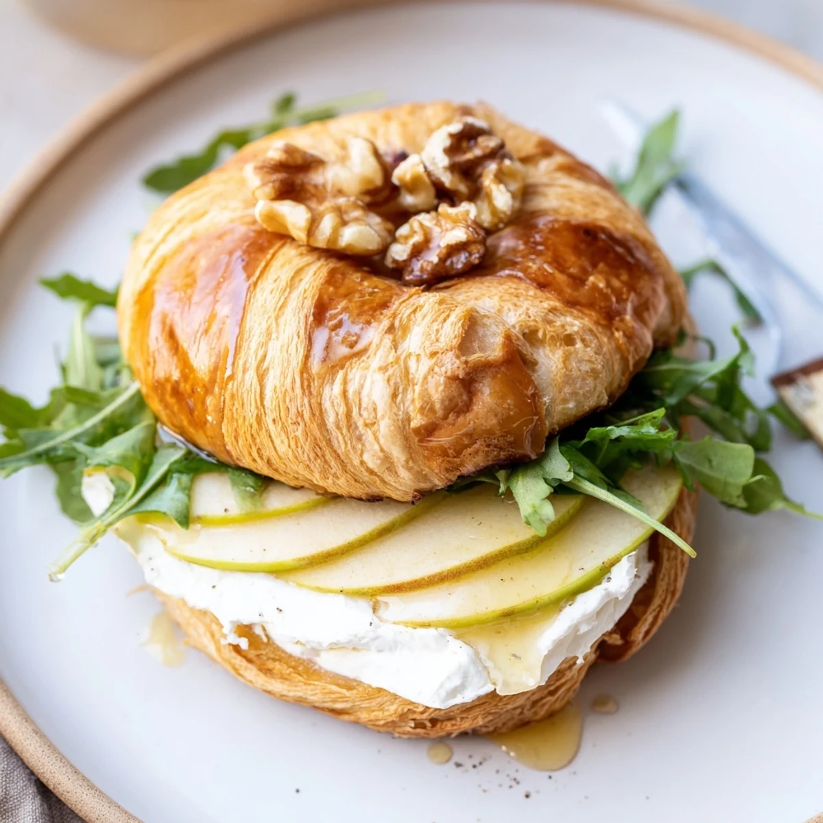 Golden Apple Goat Cheese Croissant Sandwich drizzled with honey and crunchy walnuts.