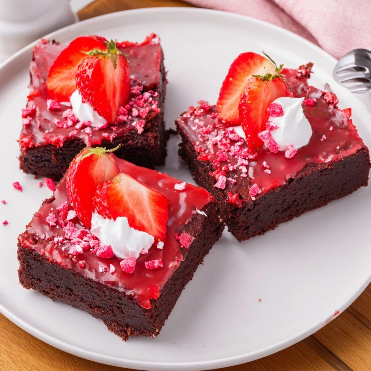 Strawberry Brownies Recipe: fudgy squares glazed with pink strawberry icing, served.