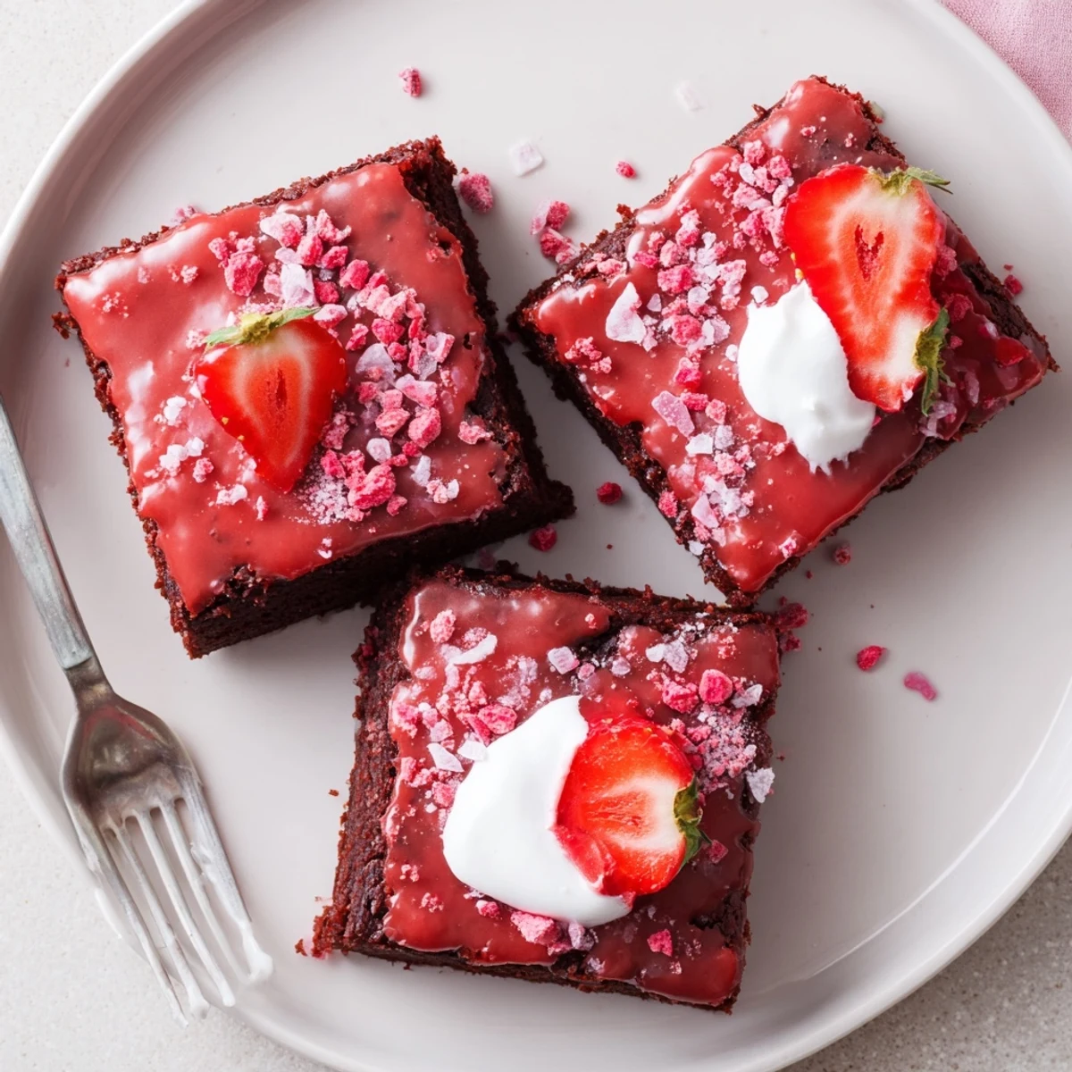 A warm Strawberry Brownies Recipe cooling in pan, aroma of fresh berries.