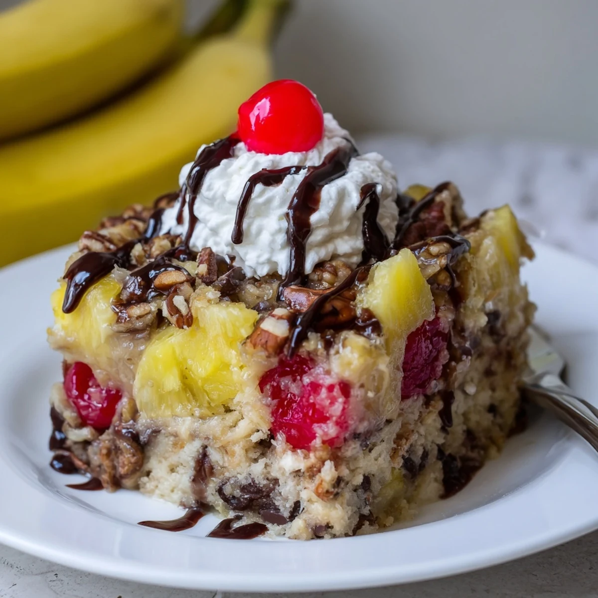 Warm Banana Split Dump Cake bubbling in a 9x13 pan, cherries glistening