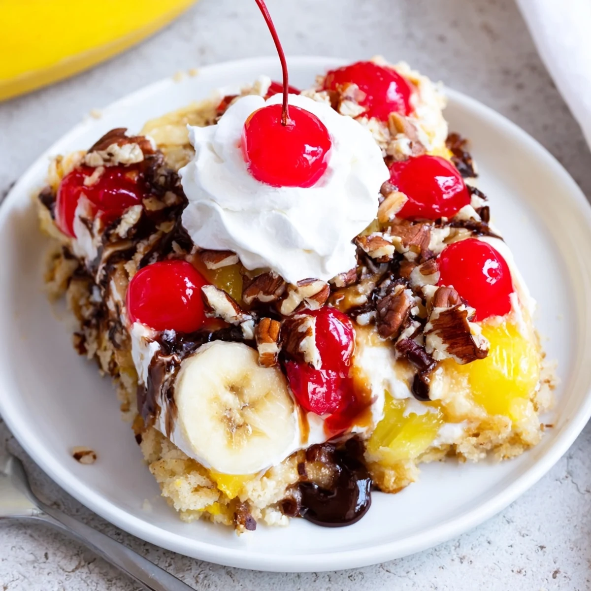 Golden Banana Split Dump Cake showing gooey pineapple, bananas, chocolate chips
