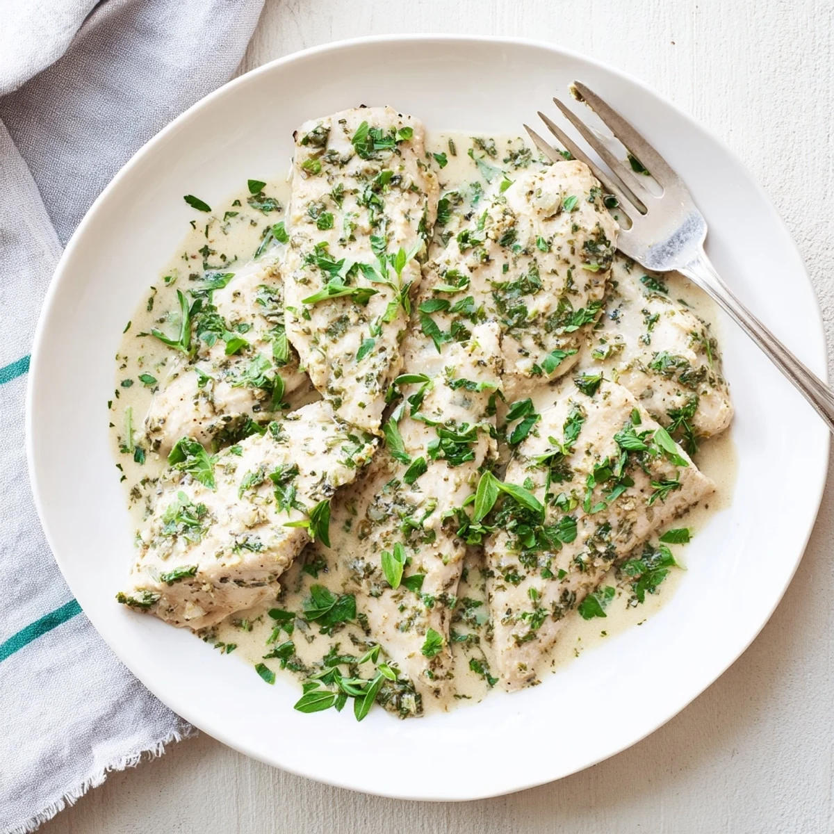 Golden pan-seared chicken breasts coated in a velvety white cream sauce with fresh green herbs