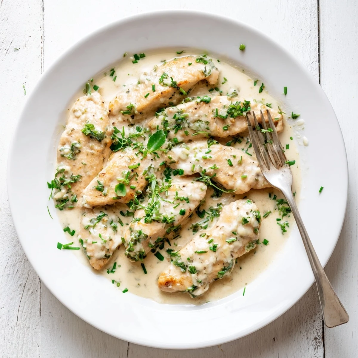 Creamy herb chicken plated with luscious sauce drizzled over golden brown seared chicken breast