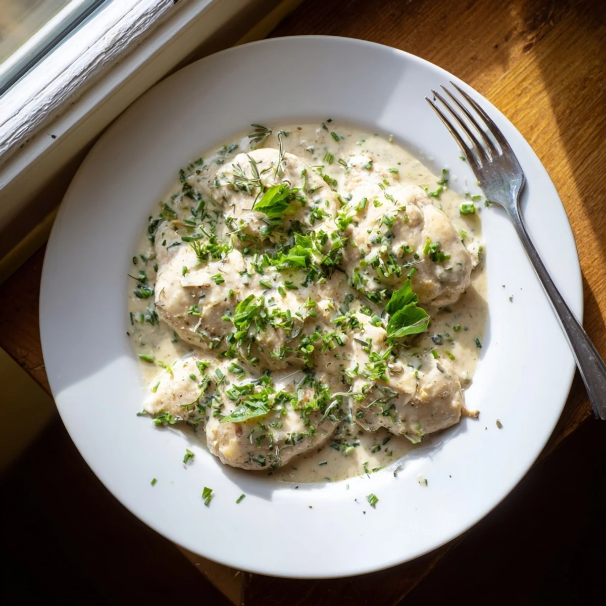 Tender chicken simmered in rich garlic herb cream sauce garnished with chopped parsley and chives