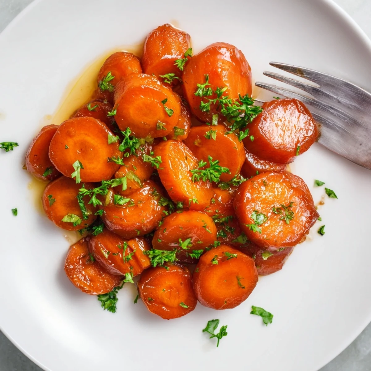 Tender glazed carrots in a rich amber glaze garnished with fresh chopped parsley