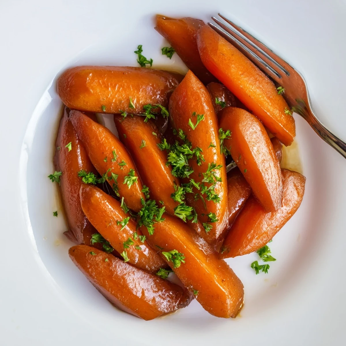 Glossy glazed carrots glistening with buttery brown sugar coating on a white serving plate