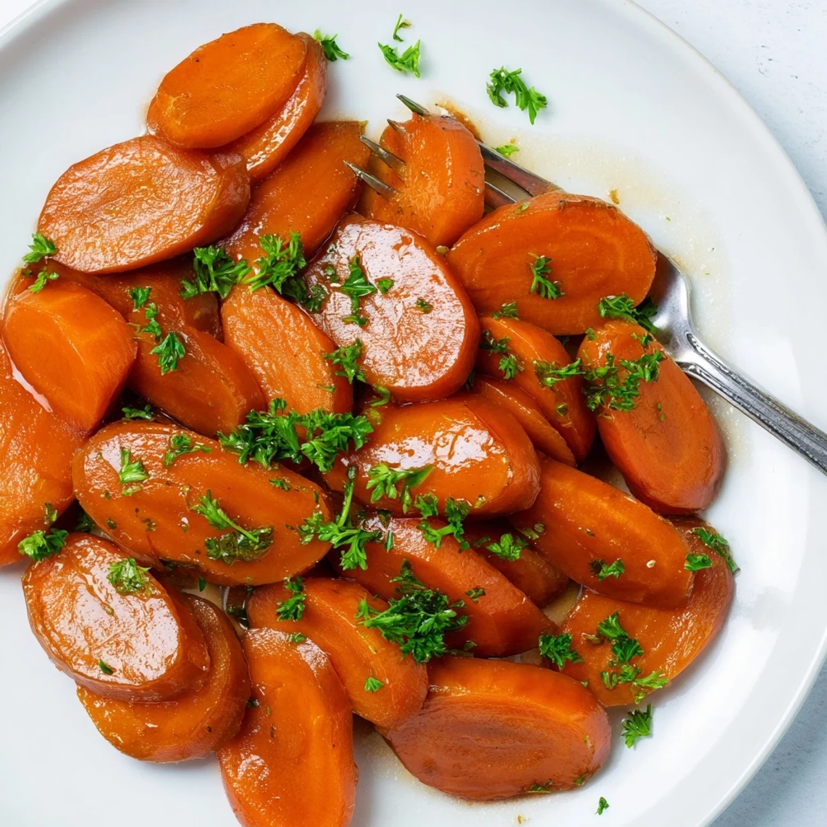 Sweet and sticky glazed carrots arranged neatly on a rustic wooden serving board