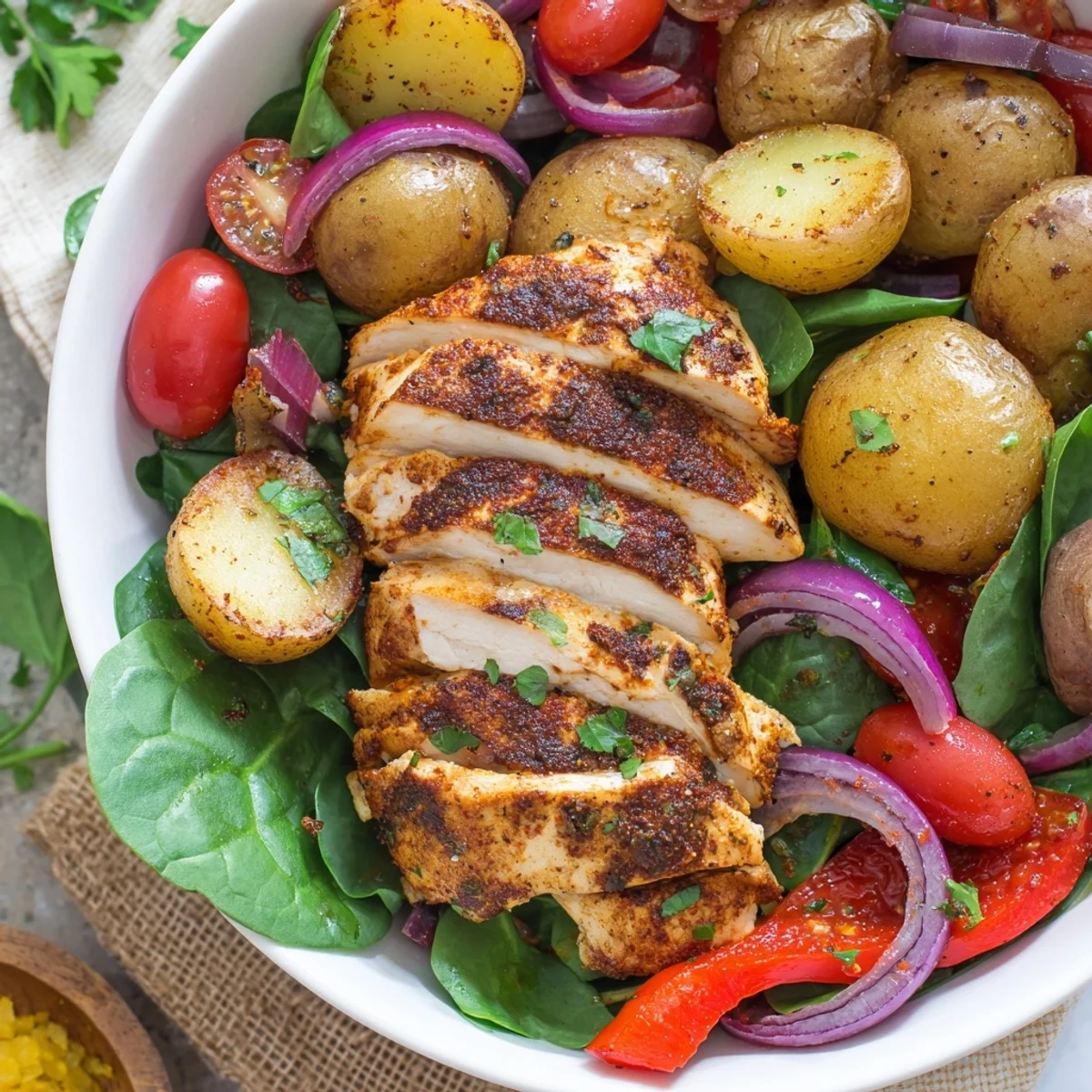 Golden roasted chicken and potato bowl with crisp vegetables in a white serving dish