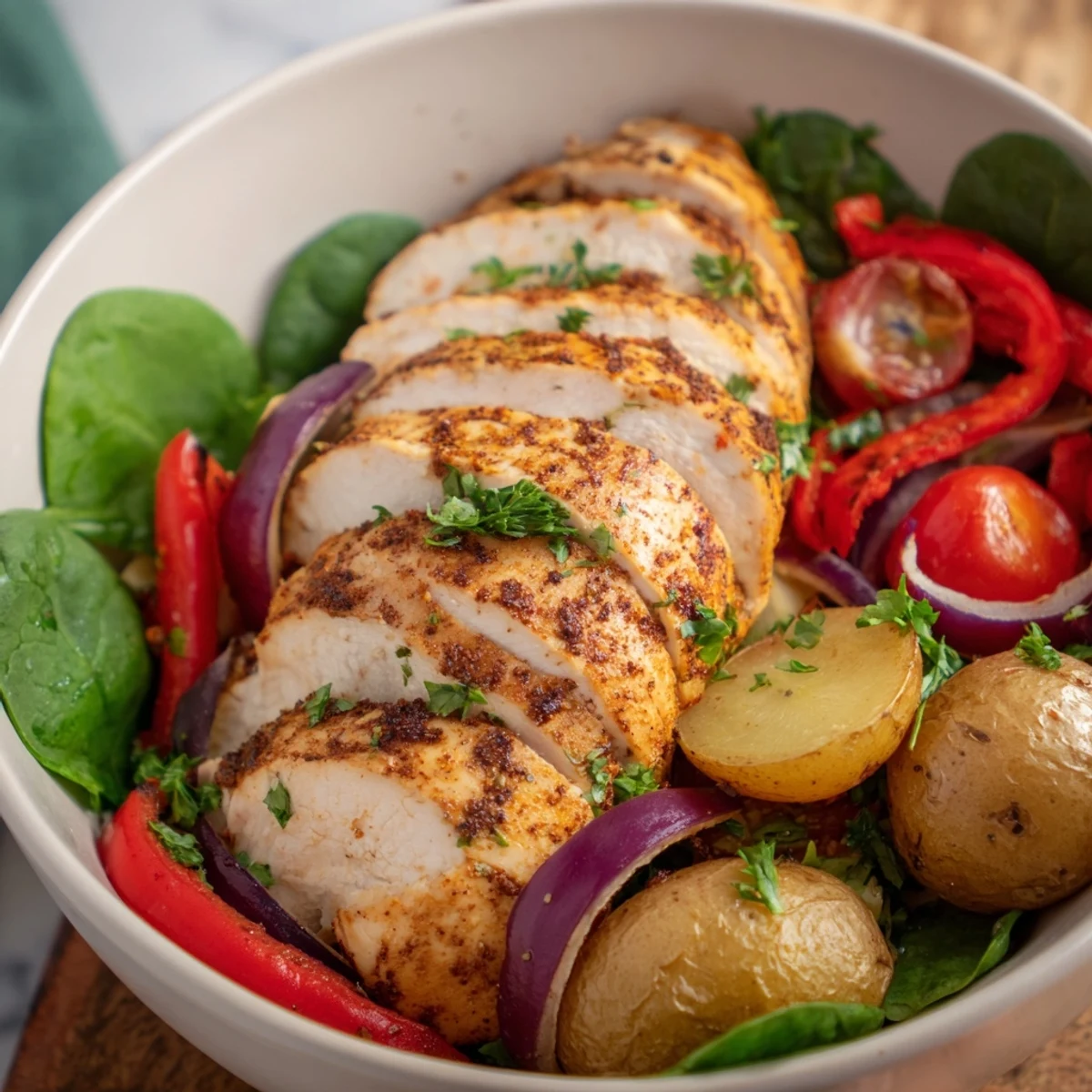 Lean grilled chicken slices atop roasted potatoes and colorful vegetables in a healthy bowl
