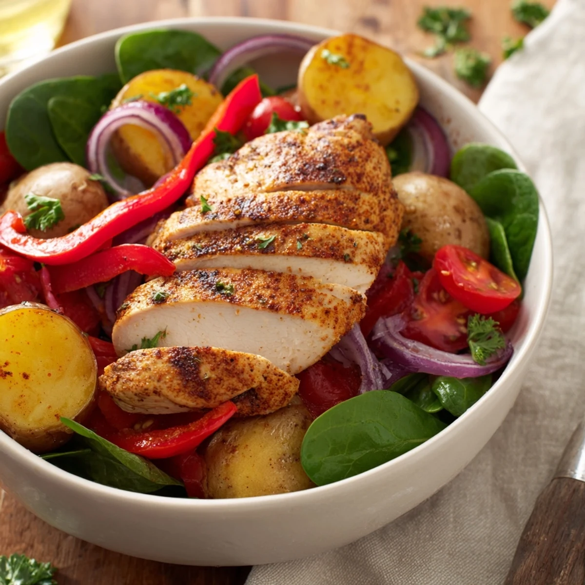 Skinny chicken bowl featuring tender spiced meat with caramelized potatoes and fresh garnish