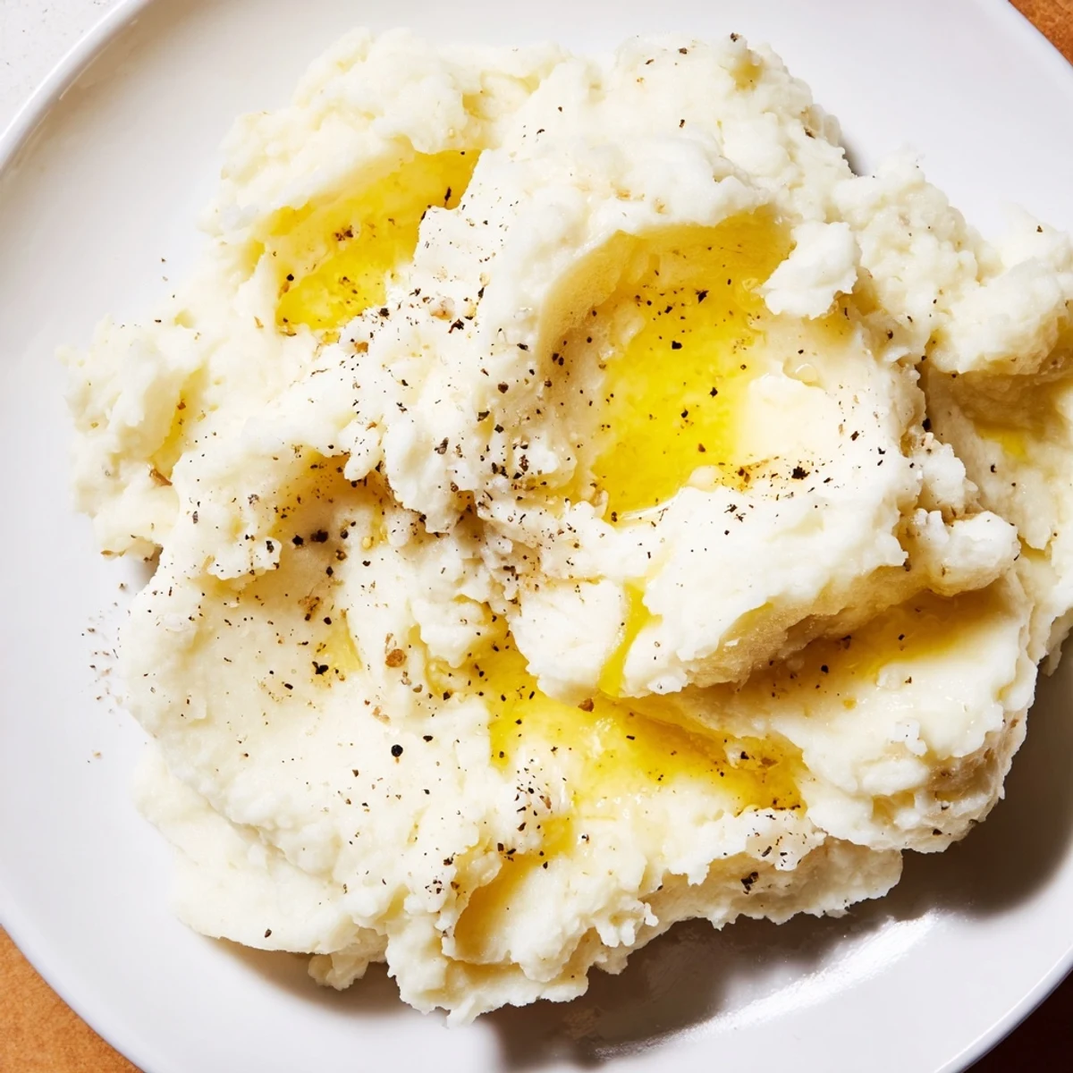 Creamy mashed potatoes topped with melting butter on a white serving plate