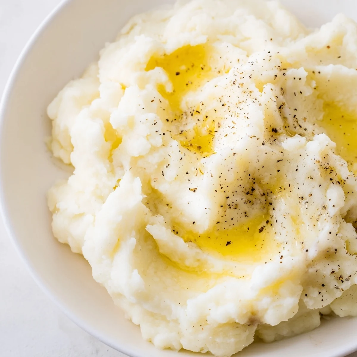 Fluffy buttery mashed potatoes served in a white bowl with parsley garnish