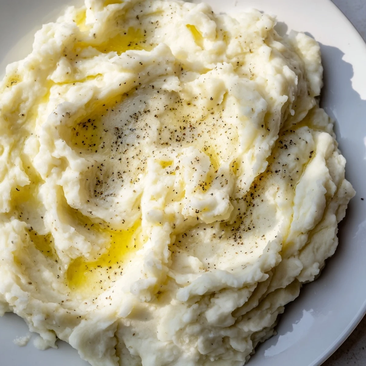 Golden mashed potatoes whipped to perfection with melted butter pooling on top