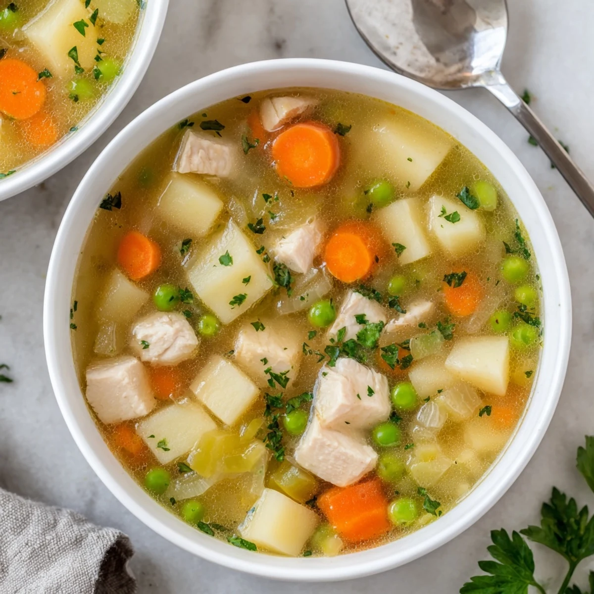 Golden bowl of comforting chicken soup with potatoes garnished with fresh parsley