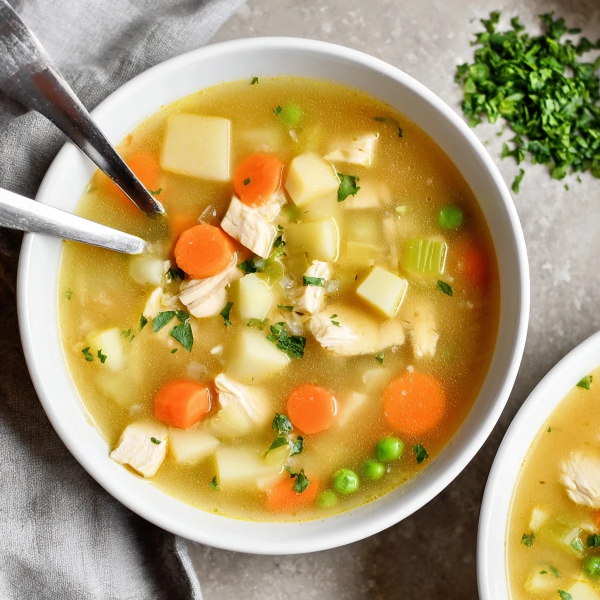 Hearty chicken soup with tender potatoes and vegetables steaming in a white bowl