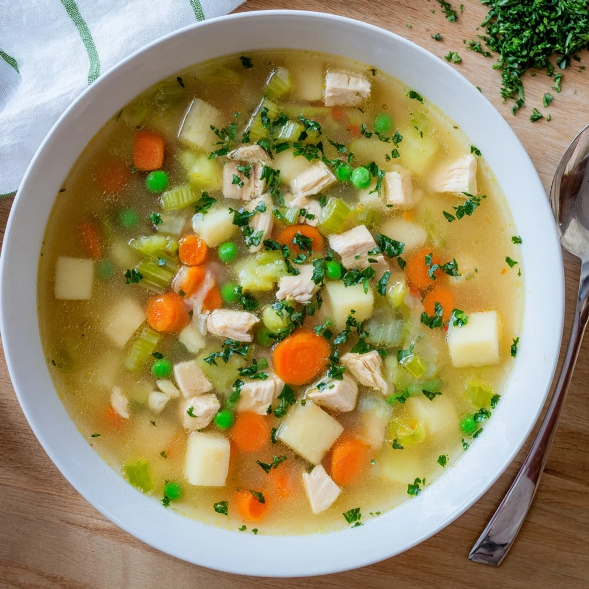 Creamy comforting chicken soup with potatoes served with crusty bread on a wooden table