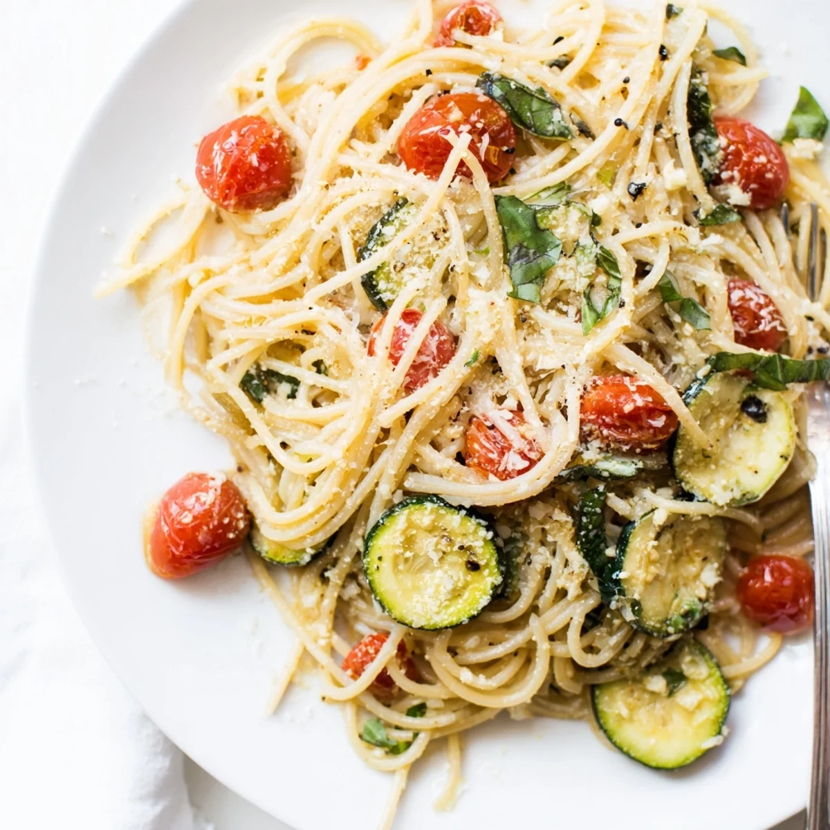Fresh tomato zucchini pasta tossed in a light olive oil sauce with tender zucchini slices and basil garnish