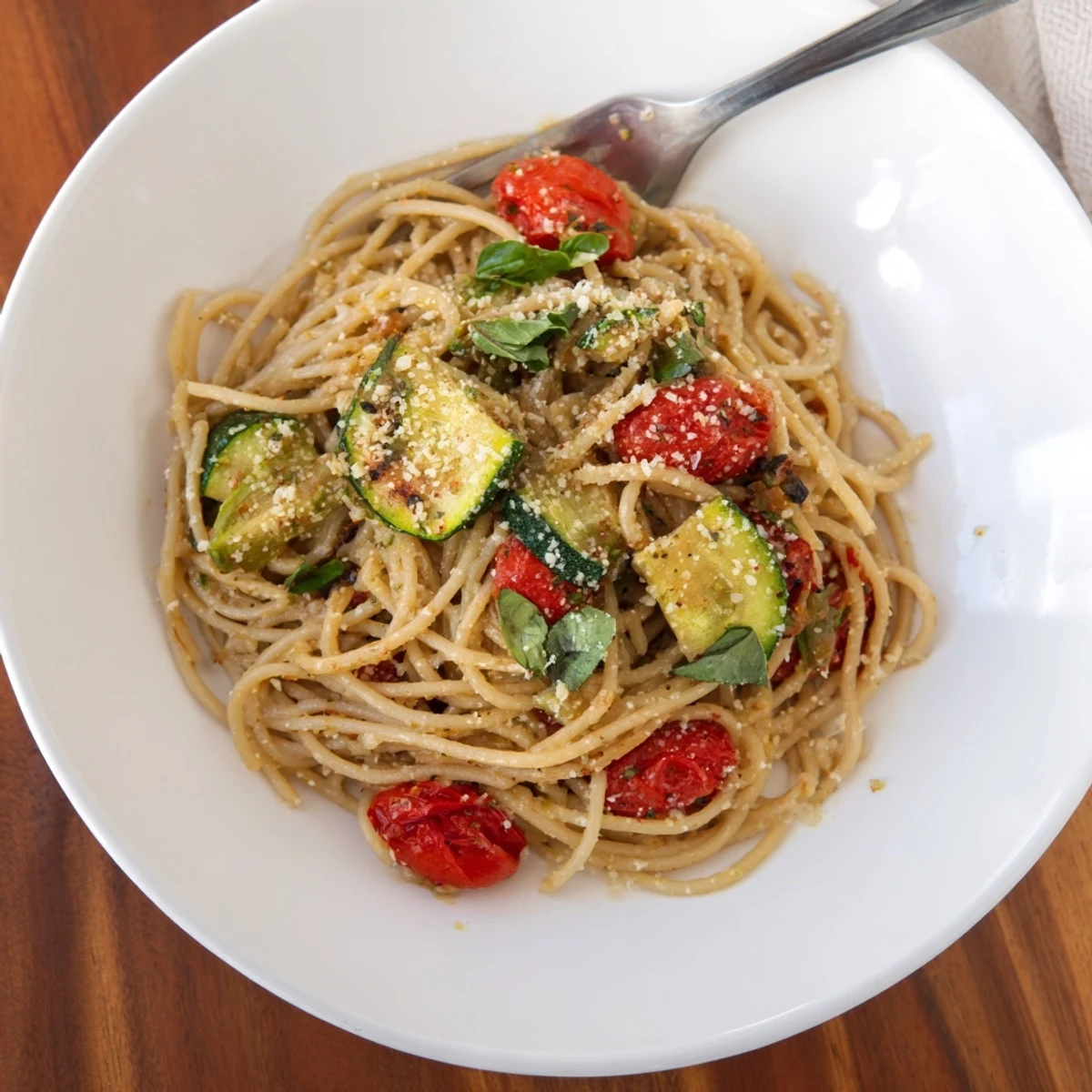 Bowl of tomato zucchini pasta featuring al dente noodles coated in savory garlic-infused tomato and zucchini medley