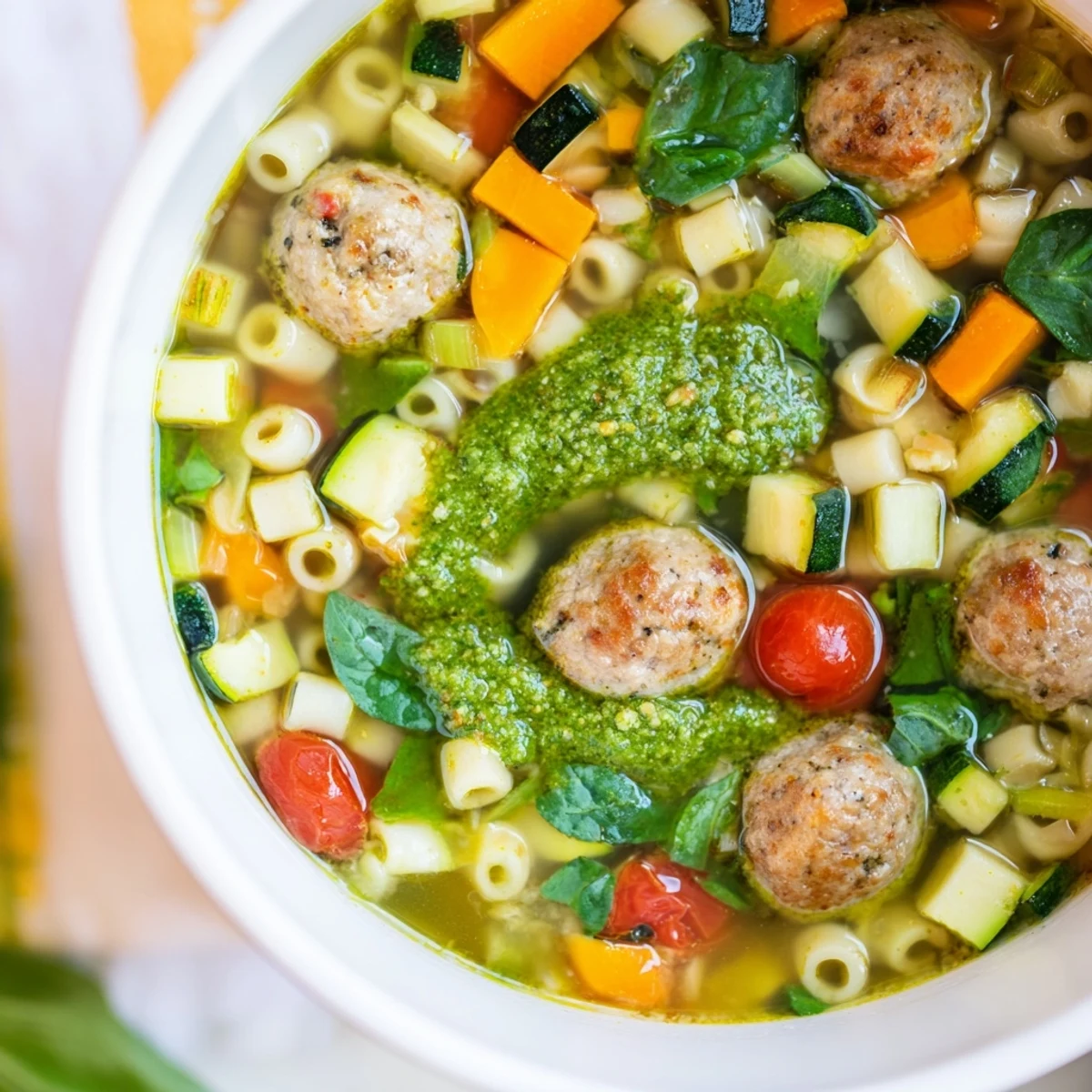 Bowl of Summer Pesto Mini Meatball Soup featuring tender chicken meatballs, colorful vegetables, and vibrant green basil pesto swirl