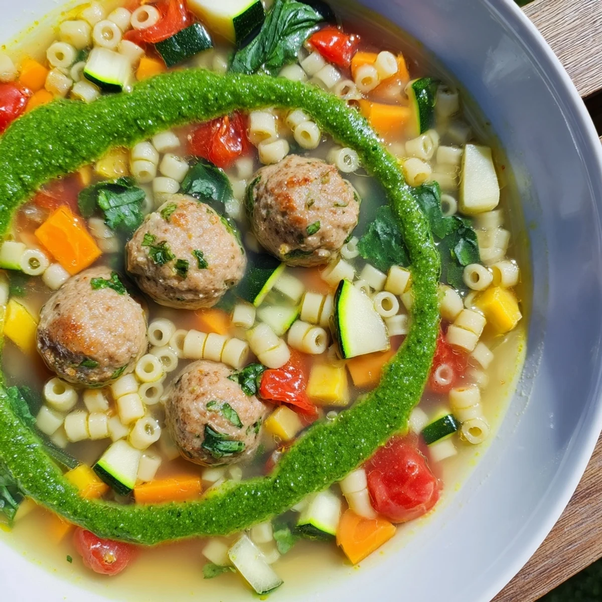 Spoon lifts tender mini meatballs and seasonal vegetables from Summer Pesto Mini Meatball Soup with fresh basil pesto garnish