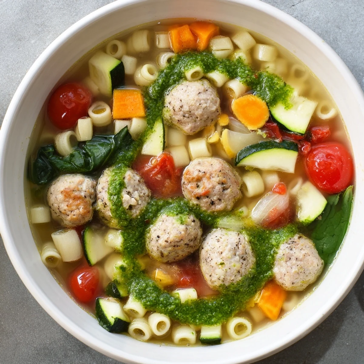 Golden brown mini meatballs float in Summer Pesto Mini Meatball Soup with zucchini, cherry tomatoes, and spinach in rich broth