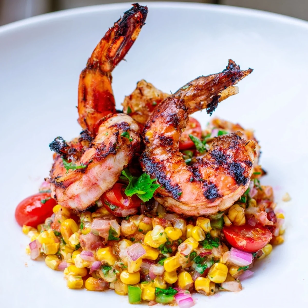 Perfectly grilled smoky charred shrimp with juicy corn salsa garnished with cilantro and lime