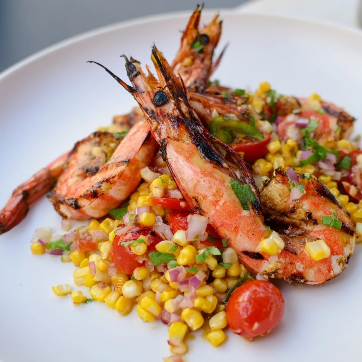 Succulent charred shrimp seasoned with smoky spices served over vibrant summer corn salsa