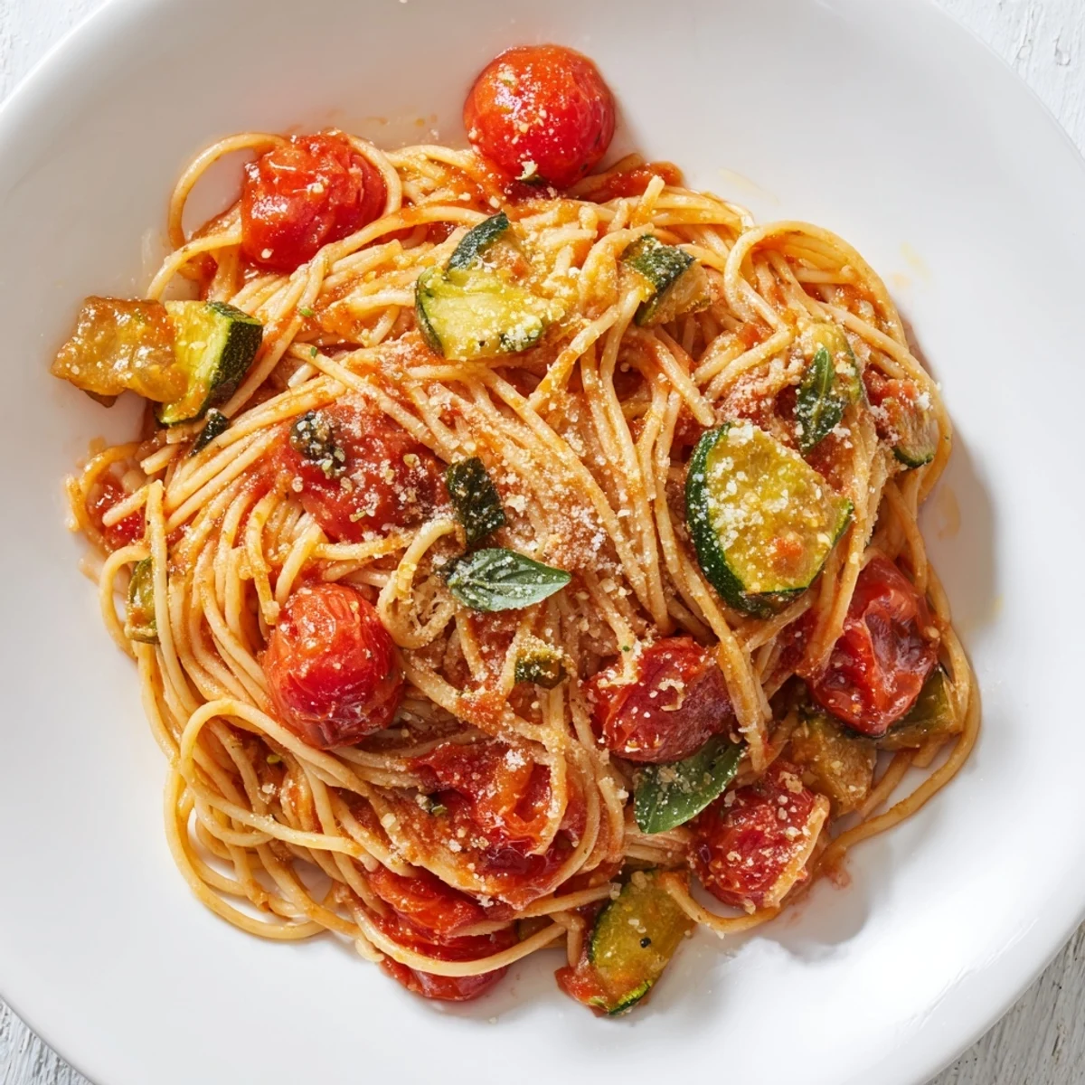 Golden tomato zucchini pasta tossed in a white bowl with fresh basil sprinkles