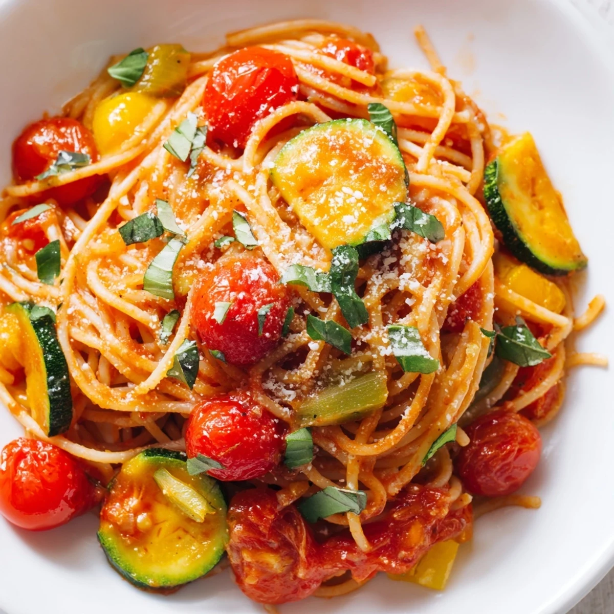 Savory tomato zucchini pasta plated with grated Parmesan and vibrant cherry tomato halves