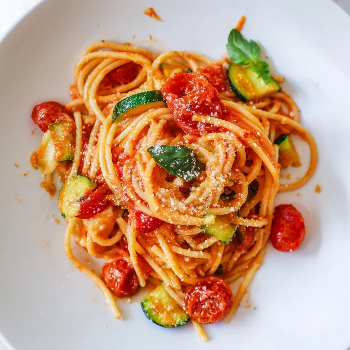 Steaming tomato zucchini pasta shot from above featuring al dente noodles and colorful vegetables