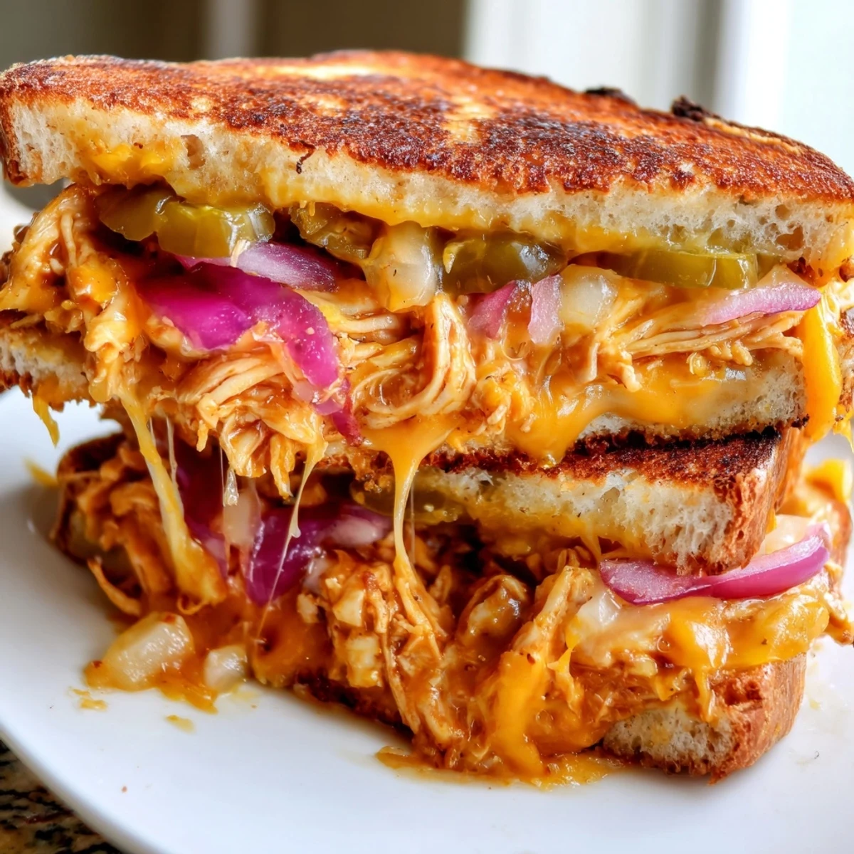 Golden BBQ chicken grilled cheese sandwich with melted cheese oozing from buttery sourdough bread