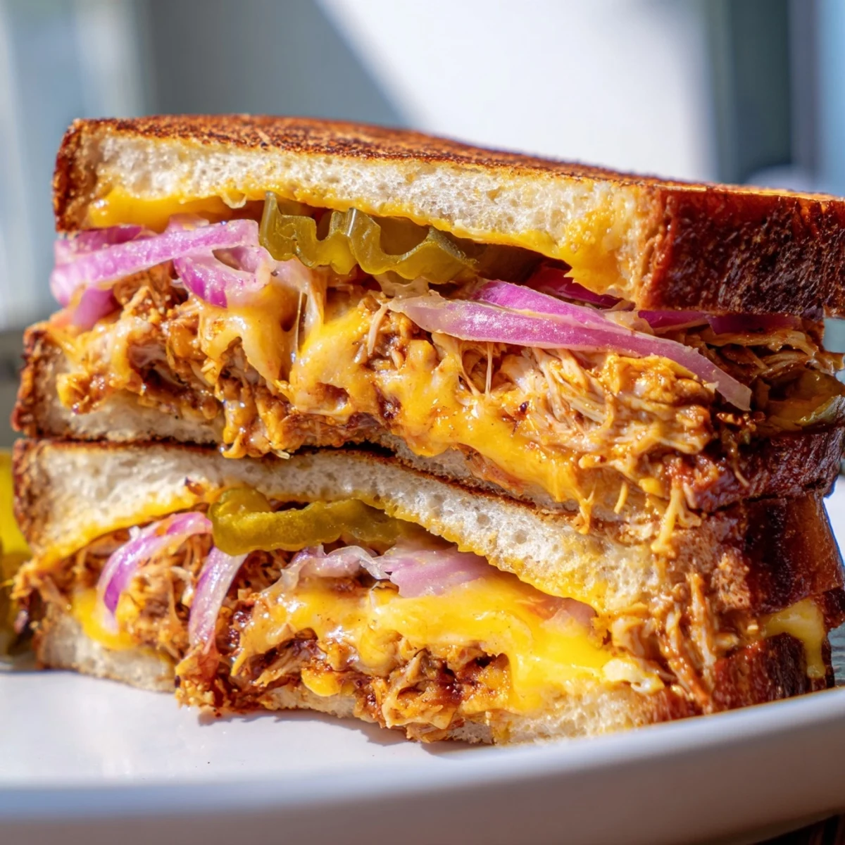 Savory BBQ chicken grilled cheese featuring sharp cheddar and mozzarella on crispy toasted sourdough slices