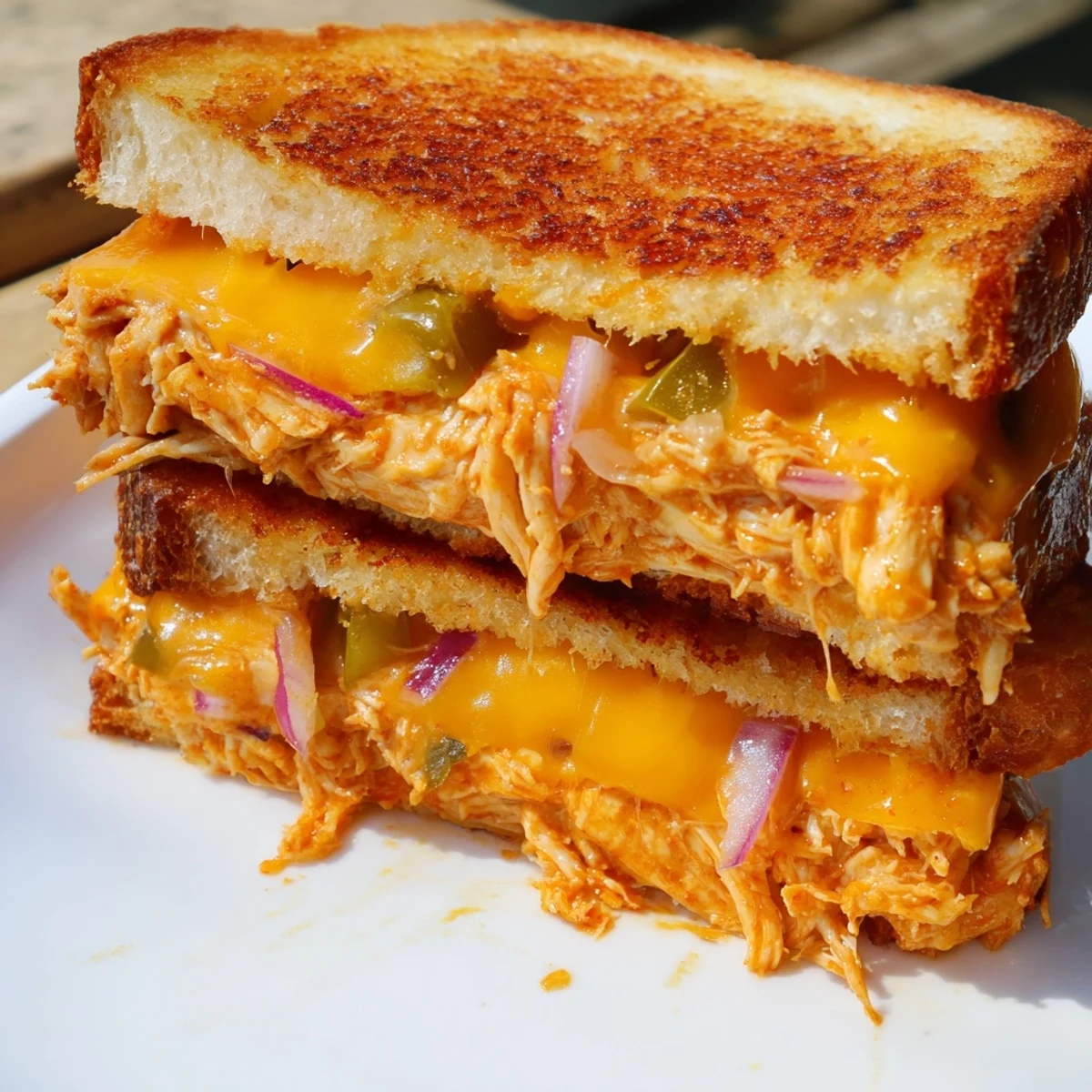 Delicious BBQ chicken grilled cheese sandwich cut in half revealing gooey melted cheese layers