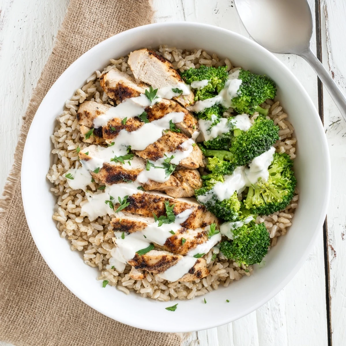 Nutritious grilled chicken broccoli bowl featuring tender spiced chicken, vibrant broccoli, and tangy garlic yogurt sauce ready for dinner